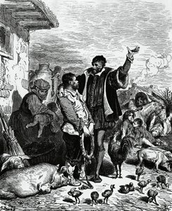 Don Quijote tar Sancho Panza från sitt hem och utser honom till guvernör, illustration av Gustave Dore