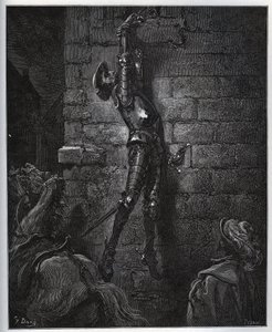 Don Quijote fången av gästgivarens dotter och Maritornes, förblir upphängd från ett fönster. - från "Don Quixote de la Mancha" av Miguel Cervantes (1547-1616) (Don Quijote) - Träsnitt efter teckning av Gustave Dore av Gustave Dore