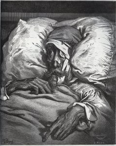 Don Quijote sårad - från "Don Quixote de la Mancha" av Miguel Cervantes (1547-1616) (Don Quijote) - Träsnitt efter teckning av Gustave Dore av Gustave Dore