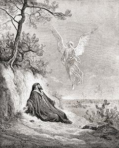 Elia närdes av en ängel. Efter ett verk ur Bibeln av Gustave Dore. Från Life and Reminiscences of Gustave Dore, publicerad 1885. av Gustave Dore