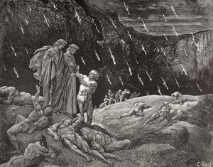 Gravyr av Gustave Dore 1832-1883 Fransk konstnär och illustratör till Inferno av Dante Alighieri Canto XV raderna 28 och 29 av Gustave Dore