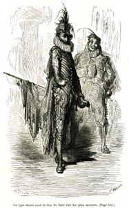 Gravyr av Gustave Dore som illustrerar Theophile Gautiers roman "Kapten Fracasse". Charpentier Edition 1863. Två komiker (skådespelare inom commedia dell
