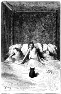 Gravyr av Gustave Dore som illustrerar Theophile Gautiers roman "Kapten Fracasse". Charpentier Edition 1863. I baron de Sigognacs residens, "Chateau de la Misere", fann en trupp komiker en fristad. Tre skådespelerskor somnade i en l av Gustave Dore