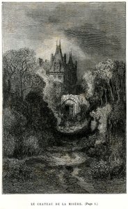 Gravyr av Gustave Dore på framsidan av romanen av Theophile Gautier "Kapten Fracasse". Charpentier Edition 1863. Chateau de la Misere, hem för Baron de Sigognac. av Gustave Dore