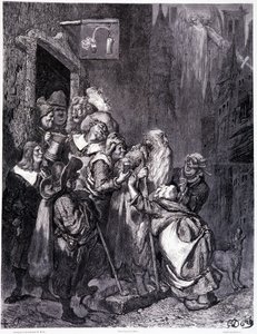Gå in i detta gästgiveri, tallrik IV - Illustration av Gustave Dore (1832-1883), för La legende du Jeif wandering av Pierre Dupont, upplaga Librairie du magasin picturesque, Paris 1862 av Gustave Dore