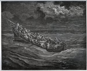 Escape of Zoraide med fången i båten full av flykter från Alger till Spanien - från "Don Quixote de la Mancha"" av Miguel Cervantes (1547-1616) (Don Quijote) - Träsnitt efter teckning av Gustave Dore av Gustave Dore