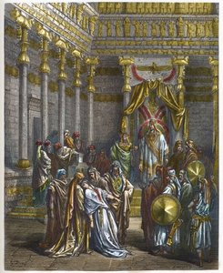 Ester svimmar inför kungen av Persien Assuerus 1:a (Xerxes 1:a) - Drottning Ester svimmar inför kung Ahasveros - - gravyr i "The Bible illustree" av Gustave Dore (1832-1883) - Gravyr från "" The Dore Bible"" av Gustave Dore