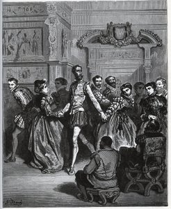 Kväll anordnad efter Don Antonio. Don Quijote upptäcker utan att uppskatta dansens nöjen - från "Don Quixote de la Mancha" av Miguel Cervantes av Gustave Dore