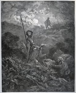 Första uppenbarelsen av Deguenille-de-la-Malaise-gruvan - från "" Don Quixote de la Mancha"" av Miguel Cervantes (1547-1616) (Don Quijote) - Träsnitt efter teckning av Gustave Dore av Gustave Dore