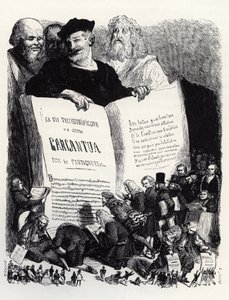 Frontispice av upplagan av 1854 - I sällskap med antika och moderna författare presenterar Rabelais sin andra roman - illustration från "Gargantua och Pantagruel", av Francois Rabelais - gravyr av Gustave Dore (1832-1883) av Gustave Dore