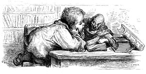 Gant Gargantuas utbildning: han lär sig läsa med sin läromästare. Illustration av Gustave Dore till Francois Rabelais verk. av Gustave Dore