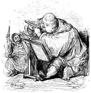 Gargantua utbildning: den unge herren lär sig spela flöjt med sin musiklärare. Gravyr av Gustave Dore som illustrerar Rabelais verk. av Gustave Dore