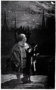 Gargantuas utbildning: på natten, tillsammans med en astronom, observerar den unge jätten stjärnor, stjärnor och kometer på natthimlen. Gravyr av Gustave Dore som illustrerar Rabelais verk. av Gustave Dore