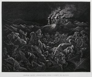Gideon anfaller midjaniterna på natten, illustration från Dore-bibeln av Gustave Dore