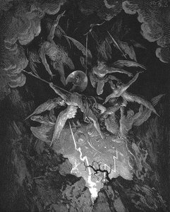 Gustave Dore-illustration till John Miltons episka dikt som dramatiserar människans fall, Paradise Lost (1667), bok VI. De upproriska änglarna faller genom sprickan i himlens mur och störtar ner i helvetet. Trägravyr 1866 av Gustave Dore