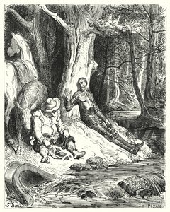 Gustave Dores Don Quijote: "En klar fontän, som Don Quijote och Sancho hittade bland några grönskande träd, tjänade till att fräscha upp dem" (gravyr) av Gustave Dore