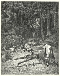 Gustave Dores Don Quijote: "En äng, vattnad med en bäck, bjöd dem att stiga av" (gravyr) av Gustave Dore