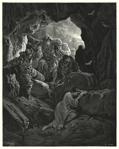 Gustave Dores Don Quijote: "En fest med officerare skickas ut ... som hittar den stackars förtjusta Leandra i en grotta i ett av bergen" (gravyr) av Gustave Dore