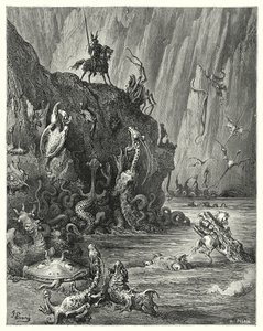 Gustave Dores Don Quijote: "En vidsträckt sjö av kokande beck, i vilken en oändlig mängd våldsamma och fruktansvärda varelser färdas fram och tillbaka" (gravyr) av Gustave Dore