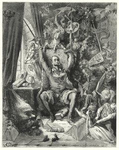 Gustave Dores Don Quijote: "En värld av oordnade föreställningar, plockade ur hans böcker, trängda i hans fantasi" (gravyr) av Gustave Dore