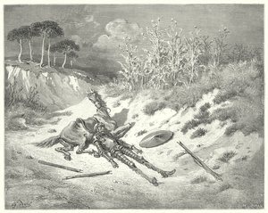 Gustave Dores Don Quijote: "Ack! var är du, kära dam, att du för min ve inte stönar?" (gravyr) av Gustave Dore