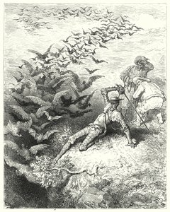 Gustave Dores Don Quijote: "Ett oändligt antal övervuxna kråkor och daws kom rusande och fladdrande ut ur grottan" (gravyr) av Gustave Dore