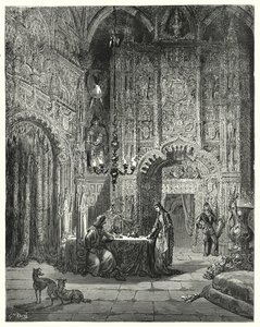 Gustave Dores Don Quijote: "En annan flicka kommer in i rummet och börjar informera honom om vilket slott det är och hur hon är förtrollad i det" (gravyr) av Gustave Dore