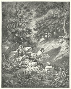 Gustave Dores Don Quijote: "Men be, herre," citerar Sancho, "är det en god ridderlighetslag som säger att vi ska vandra upp och ner, över buskar och tärnar, i denna steniga vildmark?" (gravyr) av Gustave Dore