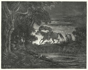 Gustave Dores Don Quijote: "Don Quijote, ackompanjerad av sitt orädda hjärta, hoppade på Rozinante" (gravyr) av Gustave Dore