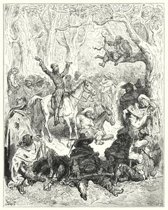 Gustave Dores Don Quijote: "Don Quijote, monterad på Rozinante, deklamerar mycket ymnigt mot deras sätt att leva" (gravyr) av Gustave Dore