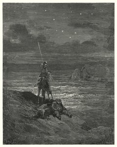 Gustave Dores Don Quijote: "Don Quijote stannade där och väntade på dagens närmande" (gravyr) av Gustave Dore