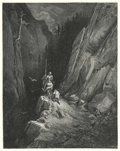 Gustave Dores Don Quijote: "Don Quijote transporterades med glädje för att hitta sig själv där han kunde smickra sin ambition med hopp om nya äventyr" (gravyr) av Gustave Dore