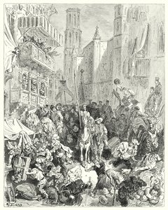 Gustave Dores Don Quijote: "Omslutande honom i mitten av deras brigad, ledde de honom mot staden" (gravyr) av Gustave Dore