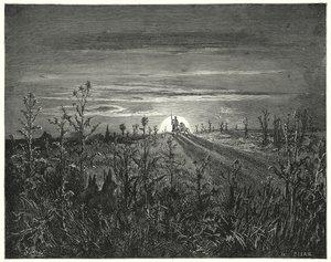 Gustave Dores Don Quijote: "Vän Sancho," sa Don Quijote, "Jag tycker att den annalkande natten kommer att inta oss innan vi kan nå Toboso" (gravyr) av Gustave Dore