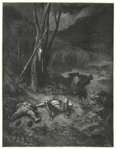 Gustave Dores Don Quijote: "Gines, som var främling för både tacksamhet och mänsklighet, bestämde sig för att åka iväg med Sanchos rumpa" (gravyr) av Gustave Dore