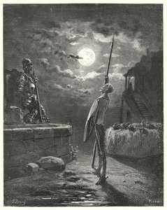 Gustave Dores Don Quijote: "Han började gå omkring vid hästtråget med en graciös uppvisning" (gravyr) av Gustave Dore