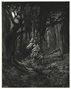 Gustave Dores Don Quijote: "Han ropade till Don Quijote om hjälp" (gravyr) av Gustave Dore