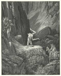 Gustave Dores Don Quijote: "Han gav två eller tre friskningar i luften, och sedan kastade han på händerna och hämtade hälarna över huvudet två gånger tillsammans" (gravyr) av Gustave Dore