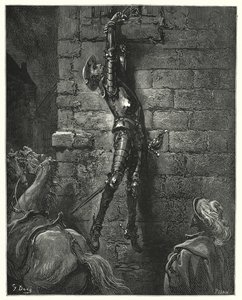 Gustave Dores Don Quijote: "Han hade oundvikligen fallit till marken, om hans handled inte hade varit ordentligt fäst vid repet" (gravyr) av Gustave Dore