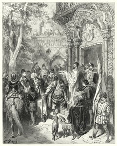 Gustave Dores Don Quijote: "Han kysste hertigen och hertiginnans hand vid avskedet och mottog sin mästares välsignelse" (gravyr) av Gustave Dore