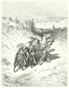 Gustave Dores Don Quijote: "Han ledde dem alla mot byn och traskade själv en fot, mycket fundersam" (gravyr) av Gustave Dore