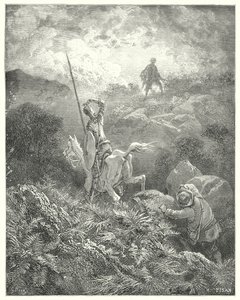 Gustave Dores Don Quijote: "Han spanade på toppen av en stenig klippa precis framför honom en man som hoppade från sten till sten med underbar smidighet" (gravyr) av Gustave Dore