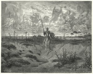 Gustave Dores Don Quijote: "Han reste nästan hela den dagen" (gravyr) av Gustave Dore