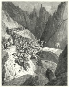 Gustave Dores Don Quijote: "Hur Don Diego Garcia med sin enda styrka försvarade passagen av en bro mot en stor armé" (gravyr) av Gustave Dore