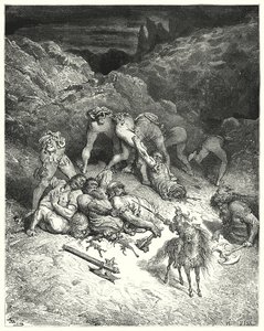 Gustave Dores Don Quijote: "Hur Felixmarte skär av fem jättar på mitten" (gravyr) av Gustave Dore