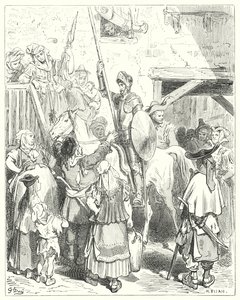 Gustave Dores Don Quijote: "Jag har ingenting med allt detta att göra," ropade gästgivaren; "betala din räkning" (gravyr) av Gustave Dore