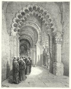 Gustave Dores Don Quijote: "Jag såg en sorgsen procession av vackraste flickor, alla i svart" (gravyr) av Gustave Dore
