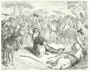 Gustave Dores Don Quijote: "Trots sina armar slog han honom som en vetekärve" (gravyr) av Gustave Dore