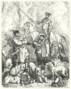 Gustave Dores Don Quijote: "Gör ett skift för att hålla magen med det tills middagen är klar" (gravyr) av Gustave Dore