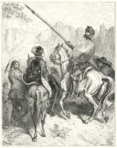 Gustave Dores Don Quijote: "Nu, dam," sa Don Quijote, "låt mig vädja om din storhet att tala om för mig vilken väg vi måste gå, för att göra er tjänst" (gravyr) av Gustave Dore
